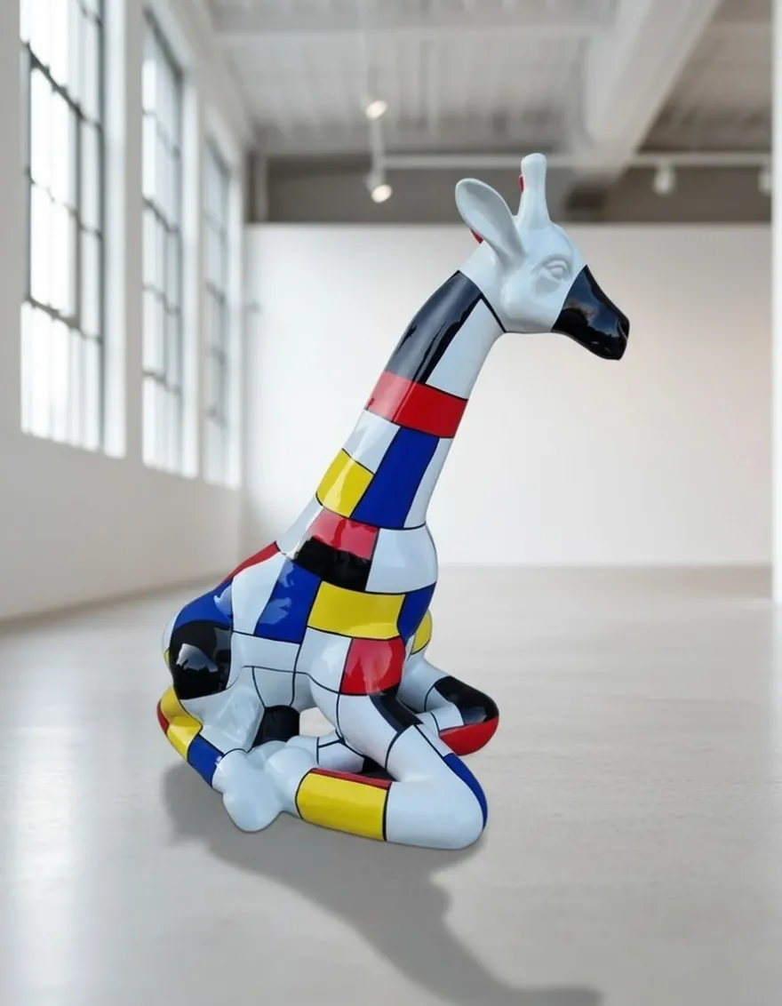 Casa Padrino Luxus Deko Skulptur Giraffe Sitzend Mondrian H. 80 cm - Deko Skulptur - Deko Figur - Tierfigur - Gartendeko