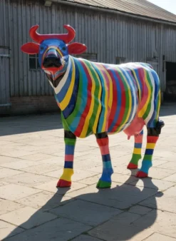 Casa Padrino Luxus Deko Skulptur Kuh Multicolored Striped Cow H. 150 cm - Riesige Gartenskulptur - Lebensgroße Skulptur - XXL Deko Skulptur - XXL Deko Figur