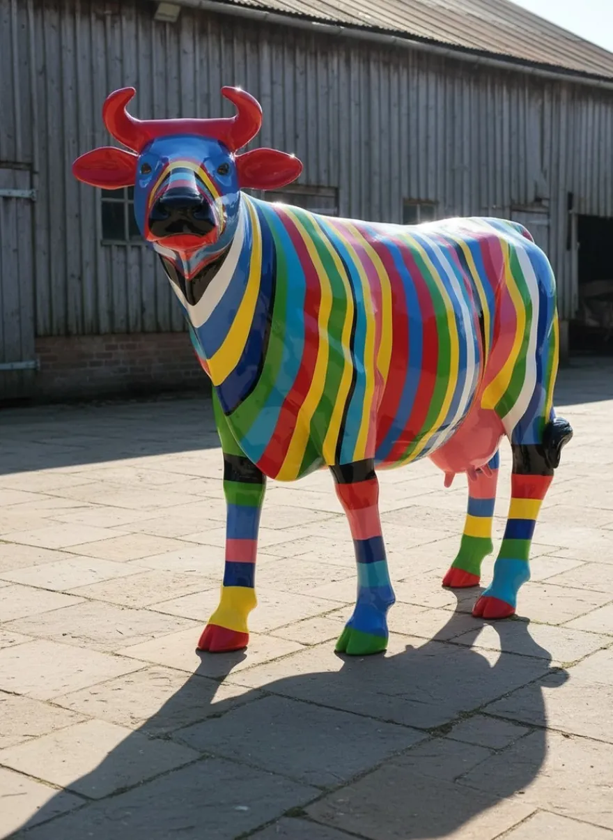 Casa Padrino Luxus Deko Skulptur Kuh Multicolored Striped Cow H. 150 cm - Riesige Gartenskulptur - Lebensgroße Skulptur - XXL Deko Skulptur - XXL Deko Figur