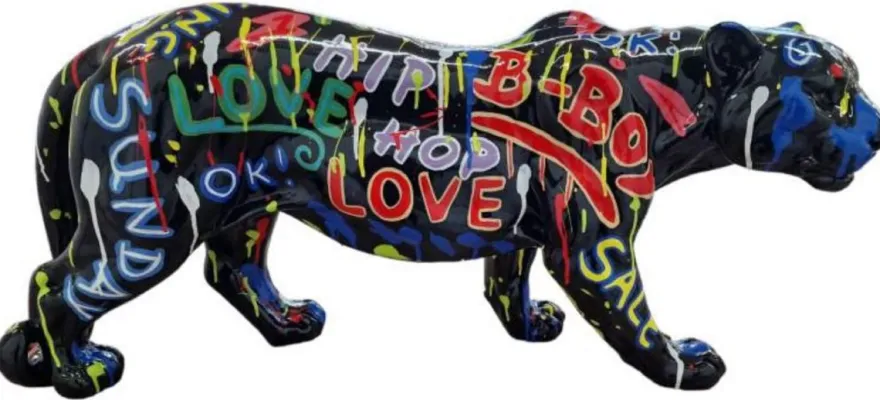 Casa Padrino Luxus Deko Skulptur Panther Schwarz / Bunt 80 x H. 35 cm - Große Deko Figur - XXL Deko Skulptur - XXL Deko Figur - Wohnzimmer Deko - Garten Deko - Luxus Figuren