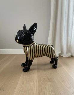 Casa Padrino Luxus Deko Skulptur Hund Französische Bulldogge Streifen Gold H. 178 cm - Riesige Gartenskulptur - Lebensgroße Skulptur - XXL Deko Skulptur - XXL Deko Figur