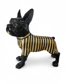 Casa Padrino Luxus Deko Skulptur Hund Französische Bulldogge Streifen Gold H. 178 cm - Riesige Gartenskulptur - Lebensgroße Skulptur - XXL Deko Skulptur - XXL Deko Figur