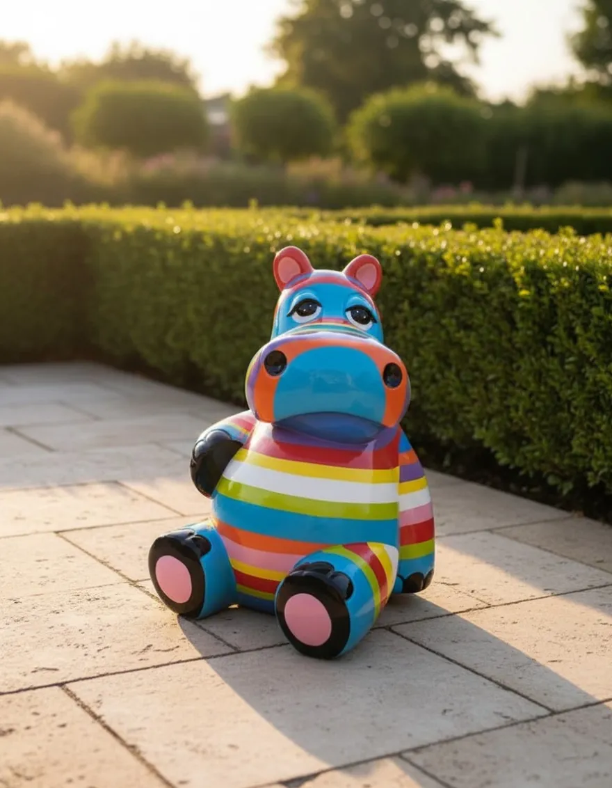Casa Padrino Luxus Deko Skulptur Nilpferd Sitzen Striped H. 95 cm - Deko Skulptur - Deko Figur - Tierfigur - Gartendeko