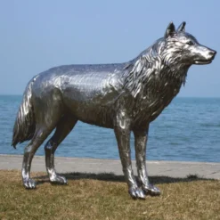 Casa Padrino Luxus Deko Skulptur Wolf Silber 142 cm - Lebensgroße Edelstahl Skulptur - Garten Deko Figur - Garten Metall Skulpturen