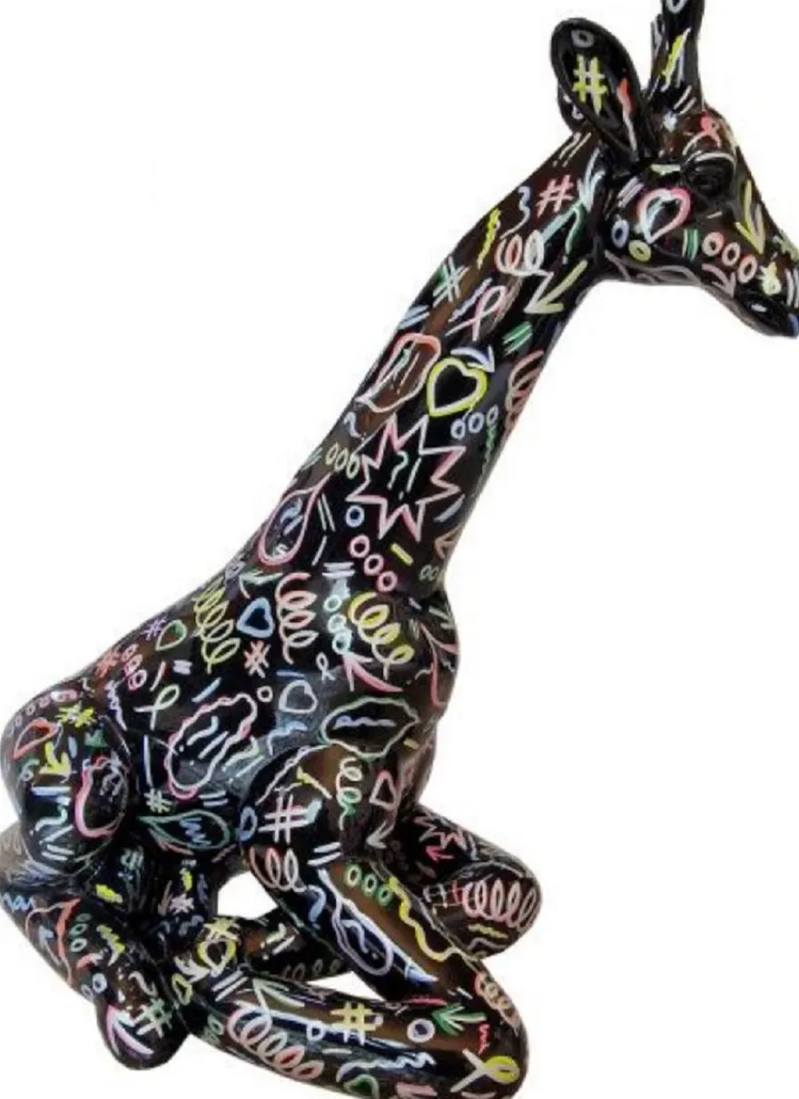 Casa Padrino Luxus Deko Skulptur Giraffe Schwarz / Mehrfarbig H. 80 cm - Große Deko Figur - XXL Deko Skulptur - XXL Deko Figur - XXL Tierfigur - Wohnzimmer Deko - Garten Deko - Deko XXL Figuren