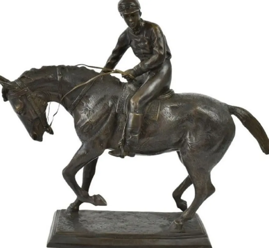 Casa Padrino Luxus Deko Skulptur Jockey auf Pferd Bronze 58 x 19 x H. 53 cm - Bronze Deko Skulptur - Bronze Deko Figur - Schreibtisch Deko - Wohnzimmer Deko - Luxus Qualität