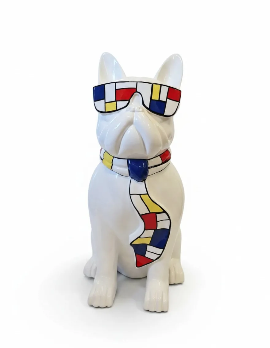Casa Padrino Luxus Deko Skulptur Hund Bulldogge Brille Mondrian Krawatte H. 120 cm - Riesige Gartenskulptur - Lebensgroße Skulptur - XXL Deko Skulptur - XXL Deko Figur