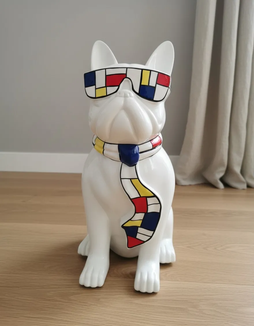 Casa Padrino Luxus Deko Skulptur Hund Bulldogge Brille Mondrian Krawatte H. 120 cm - Riesige Gartenskulptur - Lebensgroße Skulptur - XXL Deko Skulptur - XXL Deko Figur
