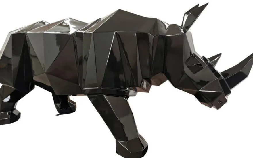 Casa Padrino Luxus Deko Skulptur Nashorn Schwarz 210 x 62 x H. 90 cm - Riesige Gartenskulptur - Lebensgroße Skulptur - XXL Deko Skulptur - XXL Deko Figur - XXL Tierfigur - Luxus Garten Deko