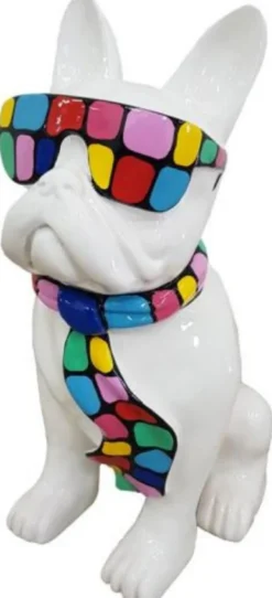 Casa Padrino Luxus Deko Skulptur Hund Bulldogge Weiß / Mehrfarbig H. 120 cm - Große Deko Figur - XXL Deko Skulptur - XXL Deko Figur - Wohnzimmer Deko - Garten Deko - Luxus Deko XXL Figuren