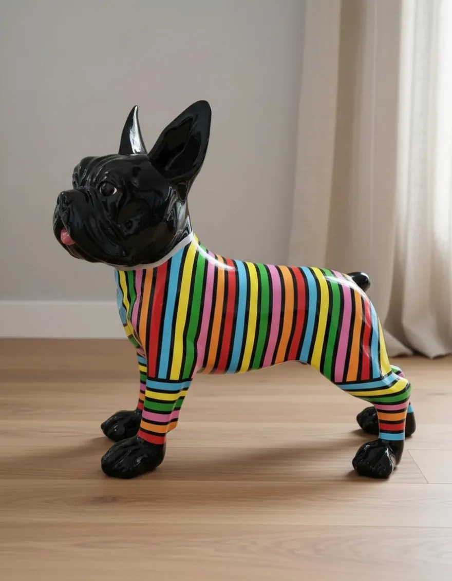 Casa Padrino Luxus Deko Skulptur Hund Französische Bulldoggen Streifen H. 178 cm - Riesige Gartenskulptur - Lebensgroße Skulptur - XXL Deko Skulptur - XXL Deko Figur