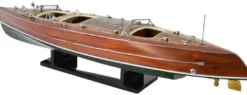 Casa Padrino Luxus Deko Speedboot Typhoon mit Massivholz Ständer Braun / Grün 95 x 22 x H. 23 cm - Handgefertigtes Deko Boot - Holzboot - Modellboot - Rennboot - Wohnzimmer Deko Accessoires