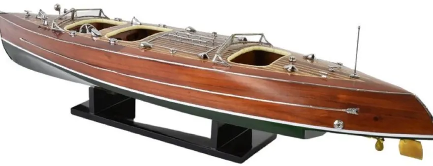 Casa Padrino Luxus Deko Speedboot Typhoon mit Massivholz Ständer Braun / Grün 95 x 22 x H. 23 cm - Handgefertigtes Deko Boot - Holzboot - Modellboot - Rennboot - Wohnzimmer Deko Accessoires