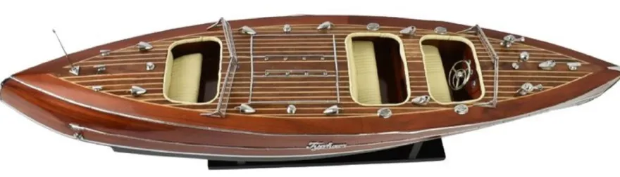 Casa Padrino Luxus Deko Speedboot Typhoon mit Massivholz Ständer Braun / Grün 95 x 22 x H. 23 cm - Handgefertigtes Deko Boot - Holzboot - Modellboot - Rennboot - Wohnzimmer Deko Accessoires