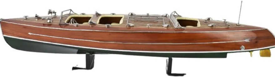 Casa Padrino Luxus Deko Speedboot Typhoon mit Massivholz Ständer Braun / Grün 95 x 22 x H. 23 cm - Handgefertigtes Deko Boot - Holzboot - Modellboot - Rennboot - Wohnzimmer Deko Accessoires