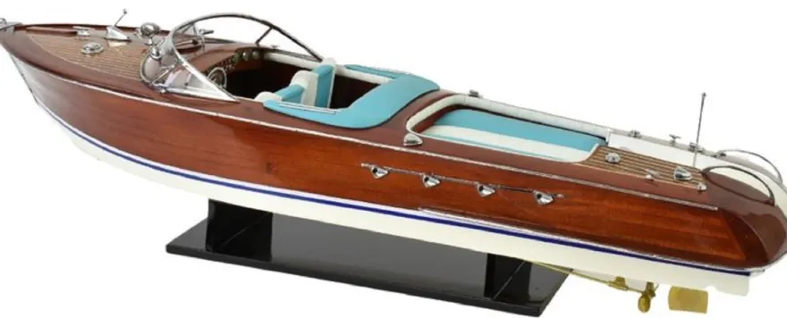 Casa Padrino Luxus Deko Speedboot mit Massivholz Ständer 87 cm - Handgefertigtes Deko Boot - Holzboot - Modellboot - Rennboot - Deko Accessoires