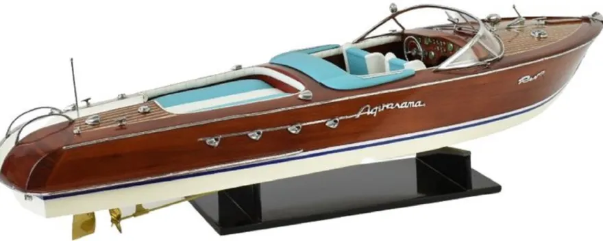 Casa Padrino Luxus Deko Speedboot mit Massivholz Ständer 87 cm - Handgefertigtes Deko Boot - Holzboot - Modellboot - Rennboot - Deko Accessoires