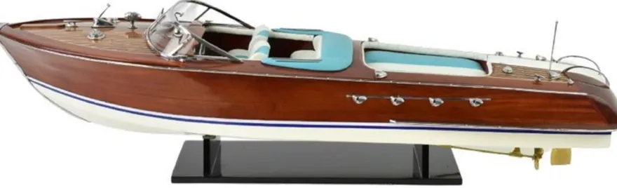 Casa Padrino Luxus Deko Speedboot mit Massivholz Ständer 87 cm - Handgefertigtes Deko Boot - Holzboot - Modellboot - Rennboot - Deko Accessoires