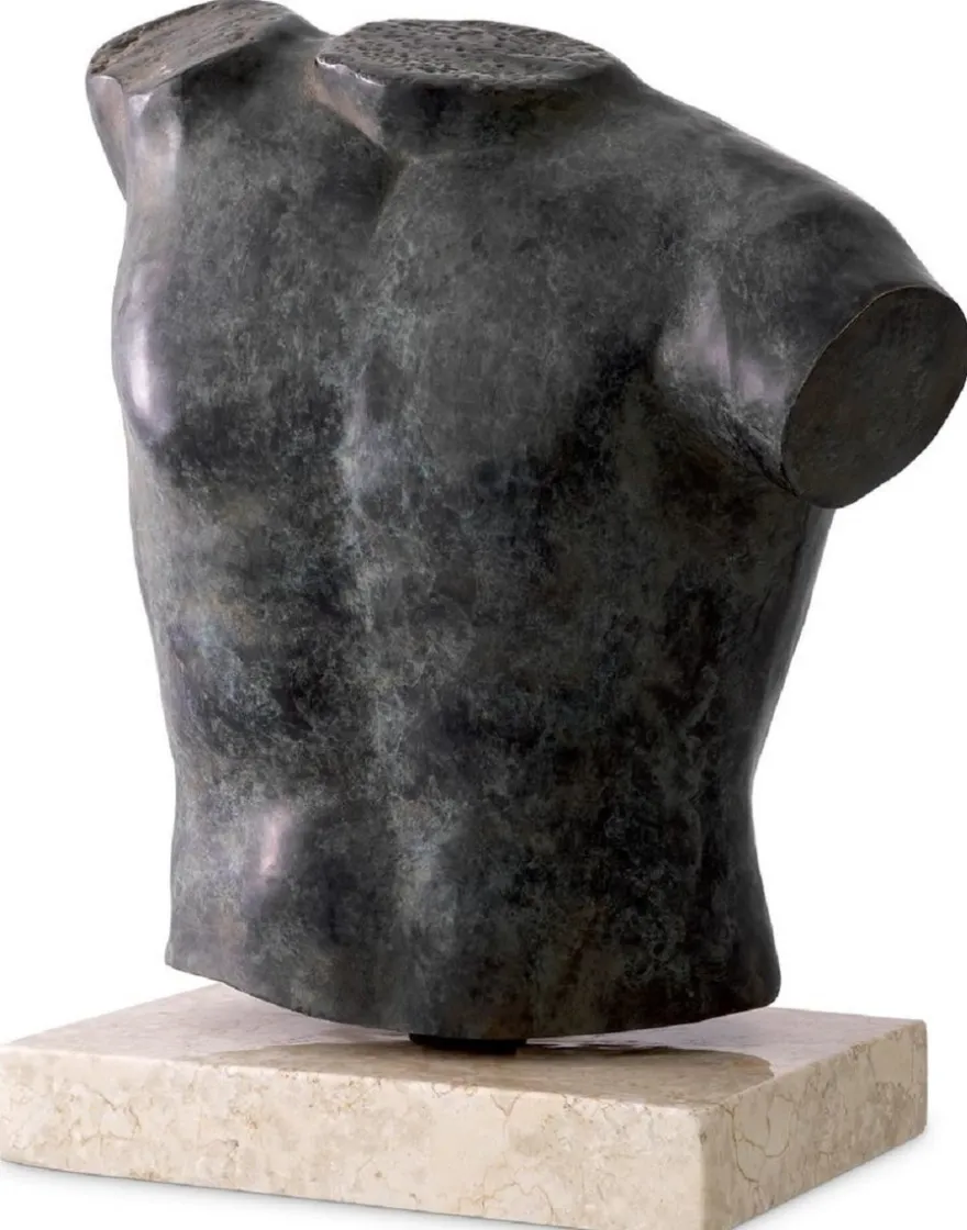 Casa Padrino Luxus Deko Torso Skulptur Antik Bronze / Beige 38 x 23 x H. 48 cm - Metall Deko Figur mit Marmorsockel - Wohnzimmer Deko - Schreibtisch Deko - Büro Deko - Deko Accessoires