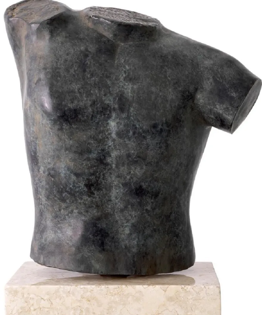 Casa Padrino Luxus Deko Torso Skulptur Antik Bronze / Beige 38 x 23 x H. 48 cm - Metall Deko Figur mit Marmorsockel - Wohnzimmer Deko - Schreibtisch Deko - Büro Deko - Deko Accessoires