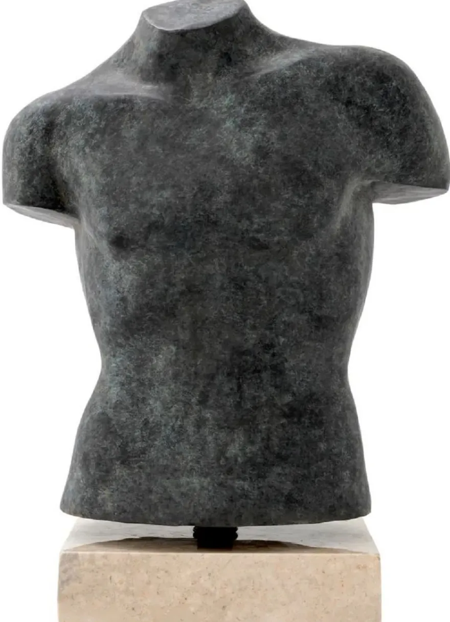 Casa Padrino Luxus Deko Torso Skulptur Antik Bronze / Beige 50 x 23 x H. 66 cm - Metall Deko Figur mit Marmorsockel - Wohnzimmer Deko - Schreibtisch Deko - Büro Deko - Deko Accessoires