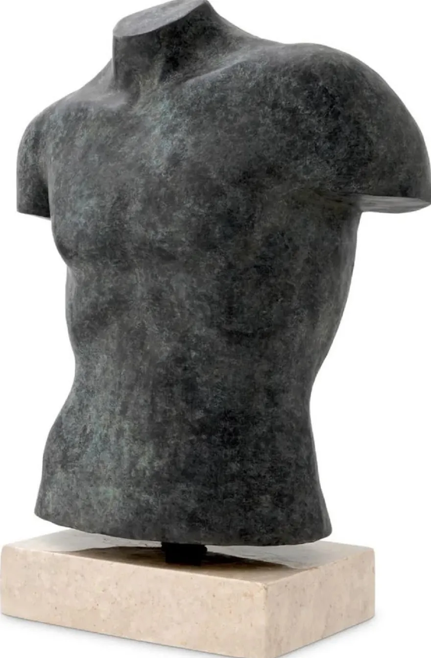 Casa Padrino Luxus Deko Torso Skulptur Antik Bronze / Beige 50 x 23 x H. 66 cm - Metall Deko Figur mit Marmorsockel - Wohnzimmer Deko - Schreibtisch Deko - Büro Deko - Deko Accessoires