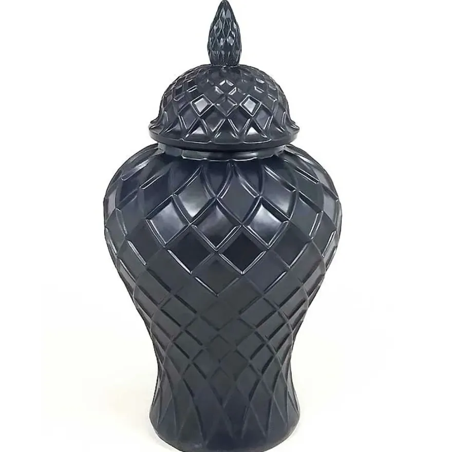 Casa Padrino Luxus Deko Vase Schwarz Ø 28 x H. 52 cm - Große Vase mit Deckel und Rautenrelief