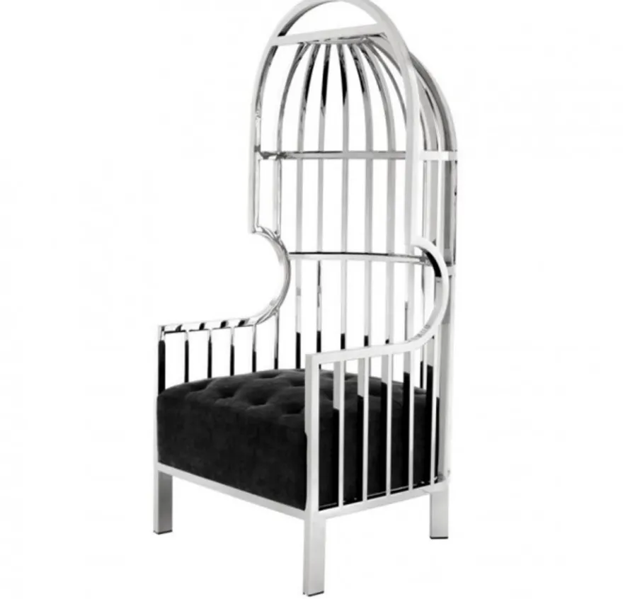 Casa Padrino Luxus Designer Art Deco Salon Sessel aus poliertem Stahl und schwarzem Samt 68 x 68 x 150 cm