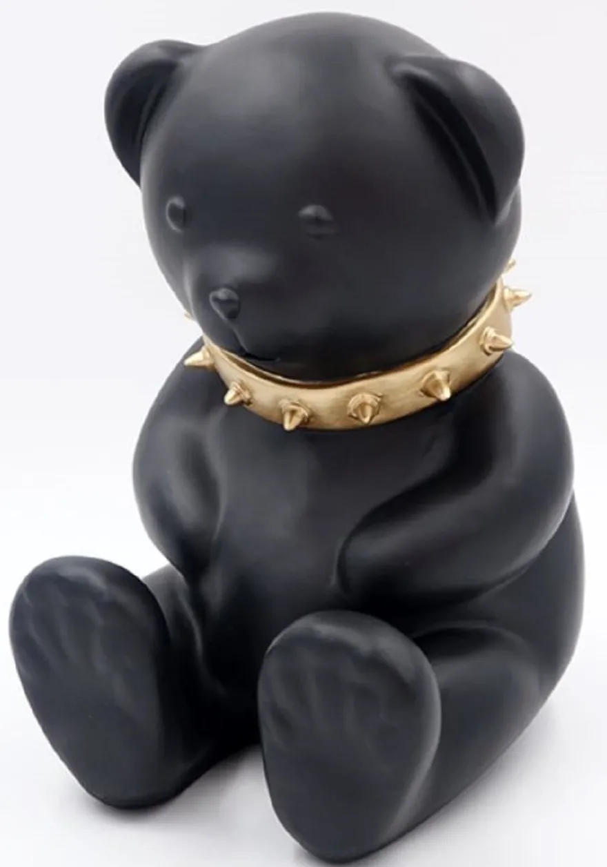 Casa Padrino Luxus Designer Dekofigur Teddybär mit Halsband Schwarz / Gold H. 31 cm - Kunstharz Deko Skulptur - Luxus Deko Figur - Designer Deko Figur - Luxus Accessoires