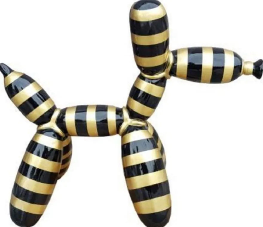 Casa Padrino Luxus Designer Deko Skulptur Ballon Hund mit Streifen Schwarz / Gold 100 cm - Große Deko Figur - XXL Deko Skulptur - XXL Deko Figur - Wohnzimmer Deko - Garten Deko - Luxus Figuren