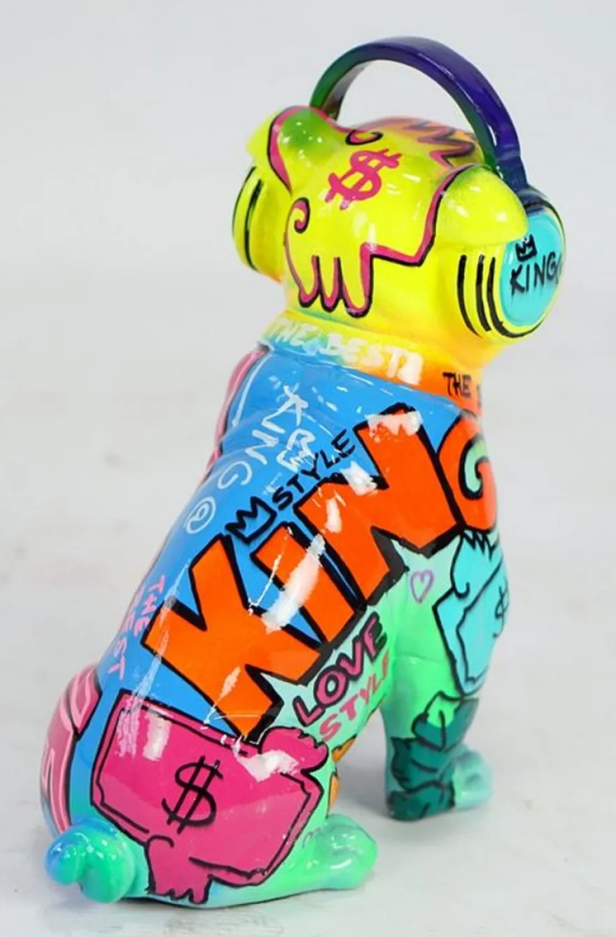 Casa Padrino Luxus Designer Deko Figur Hund Bulldogge mit Kopfhörer Bunt H. 32 cm - Kunstharz Deko Skulptur - Wohnzimmer Deko - Schreibtisch Deko - Luxus Deko Tierfigur