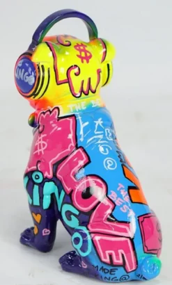 Casa Padrino Luxus Designer Deko Figur Hund Bulldogge mit Kopfhörer Bunt H. 32 cm - Kunstharz Deko Skulptur - Wohnzimmer Deko - Schreibtisch Deko - Luxus Deko Tierfigur