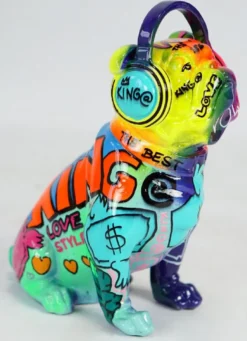 Casa Padrino Luxus Designer Deko Figur Hund Bulldogge mit Kopfhörer Bunt H. 32 cm - Kunstharz Deko Skulptur - Wohnzimmer Deko - Schreibtisch Deko - Luxus Deko Tierfigur