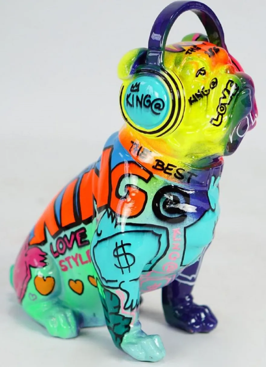 Casa Padrino Luxus Designer Deko Figur Hund Bulldogge mit Kopfhörer Bunt H. 32 cm - Kunstharz Deko Skulptur - Wohnzimmer Deko - Schreibtisch Deko - Luxus Deko Tierfigur