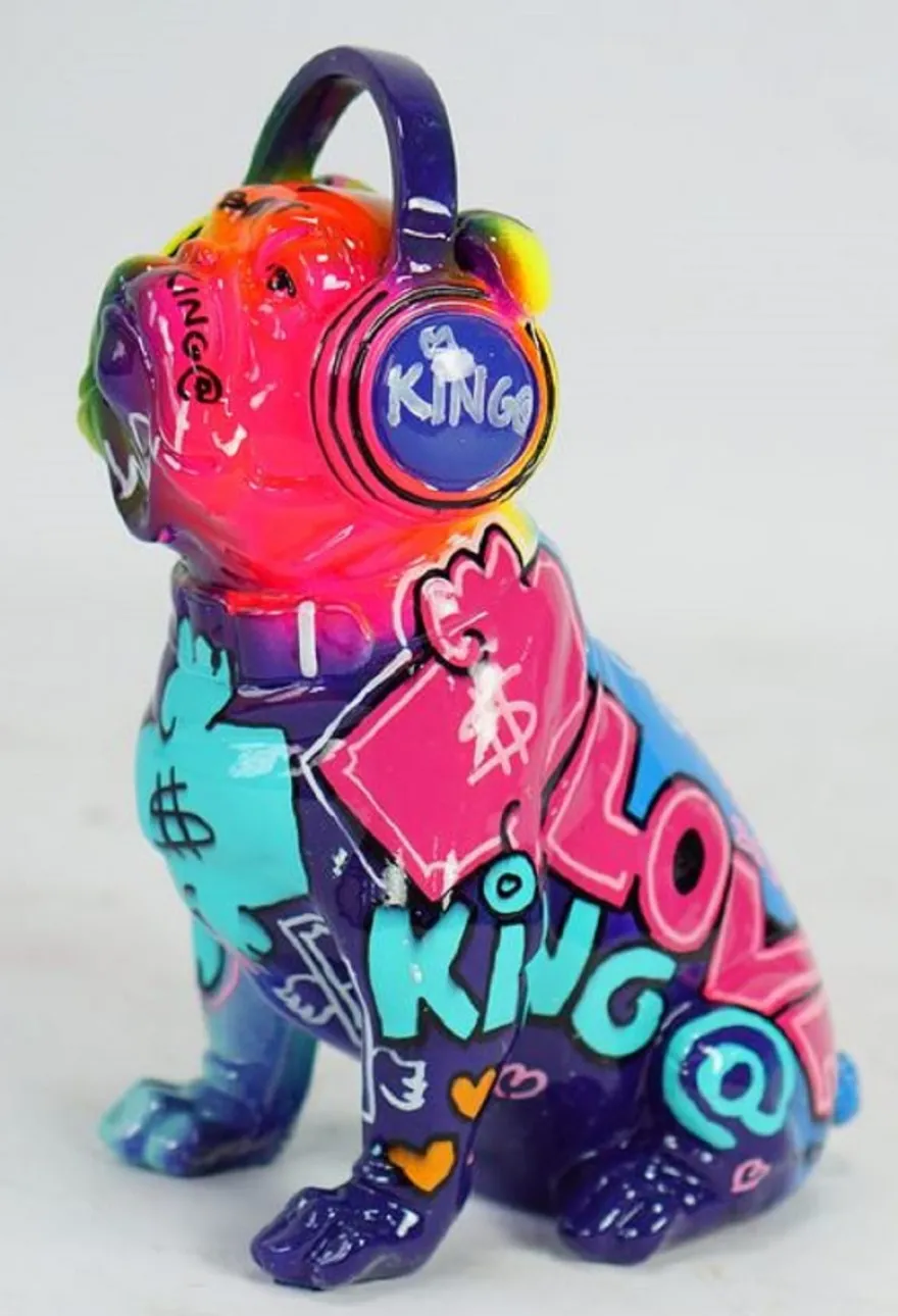 Casa Padrino Luxus Designer Deko Figur Hund Bulldogge mit Kopfhörer Bunt H. 32 cm - Kunstharz Deko Skulptur - Wohnzimmer Deko - Schreibtisch Deko - Luxus Deko Tierfigur
