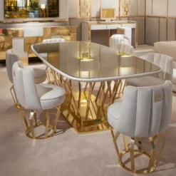 Casa Padrino Luxus Designer Esszimmer Set Elfenbeinfarben / Gold - 1 Esstisch & 6 Esszimmerstühle - Luxus Designer Esszimmermöbel - Hotel Möbel - Luxus Qualität - Made in Italy