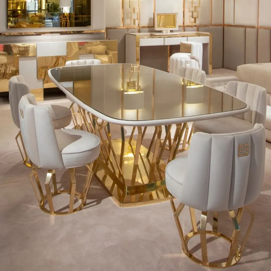 Casa Padrino Luxus Designer Esszimmer Set Elfenbeinfarben / Gold - 1 Esstisch & 6 Esszimmerstühle - Luxus Designer Esszimmermöbel - Hotel Möbel - Luxus Qualität - Made in Italy