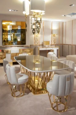 Casa Padrino Luxus Designer Esszimmer Set Elfenbeinfarben / Gold - 1 Esstisch & 6 Esszimmerstühle - Luxus Designer Esszimmermöbel - Hotel Möbel - Luxus Qualität - Made in Italy