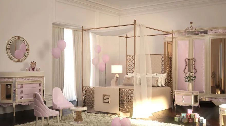 Casa Padrino Luxus Designer Kinderzimmer Kleiderschrank Rosa / Beige / Schwarz / Gold 200 x 60 x H. 250 cm - Kinderzimmer Möbel - Hotel Möbel - Luxus Qualität - Made in Italy