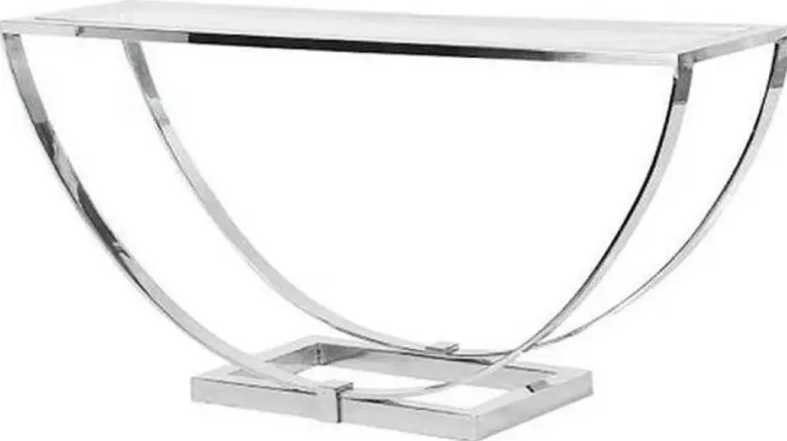 Casa Padrino Luxus Designer Konsole Silber 160 x 40 x H. 75 cm - Metall Konsolentisch mit Glasplatte - Luxus Designer Wohnzimmer Möbel