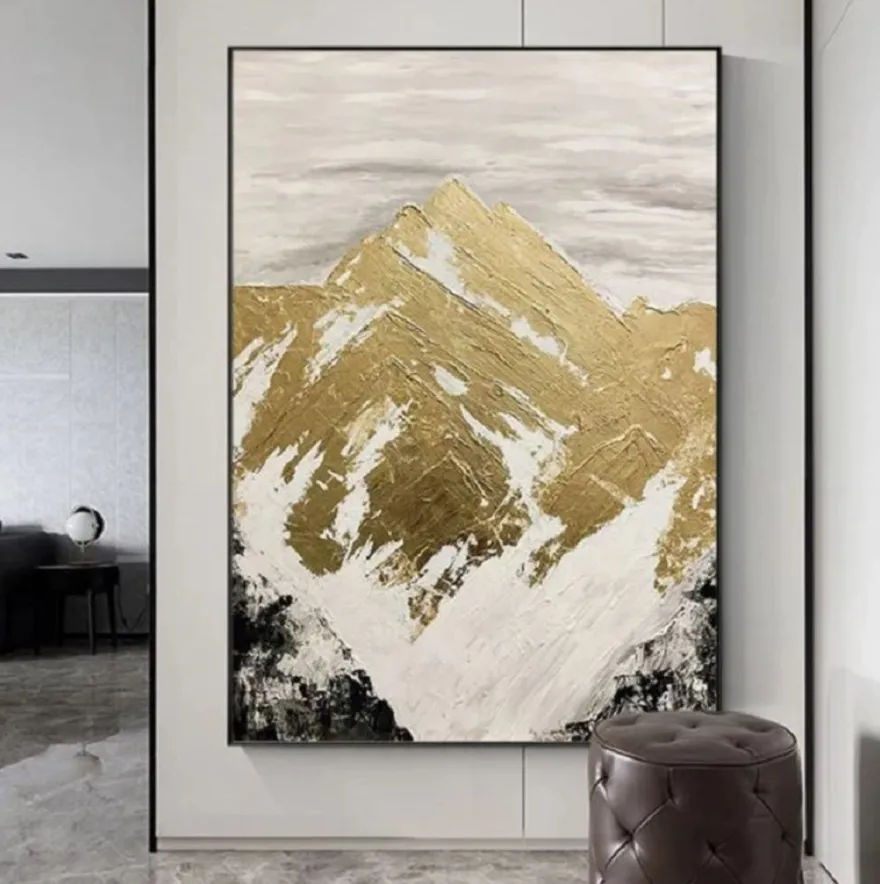 Casa Padrino Luxus Designer Ölgemälde Gebirge Gold / Weiß / Grau / Schwarz 120 x H. 170 cm - Handgemaltes Gemälde mit Metallrahmen - Luxus Wand Deko - Designer Wand Deko - Luxus Qualität