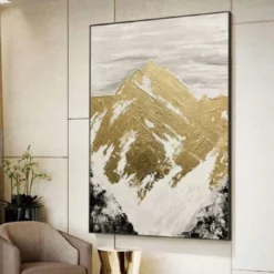 Casa Padrino Luxus Designer Ölgemälde Gebirge Gold / Weiß / Grau / Schwarz 120 x H. 170 cm - Handgemaltes Gemälde mit Metallrahmen - Luxus Wand Deko - Designer Wand Deko - Luxus Qualität