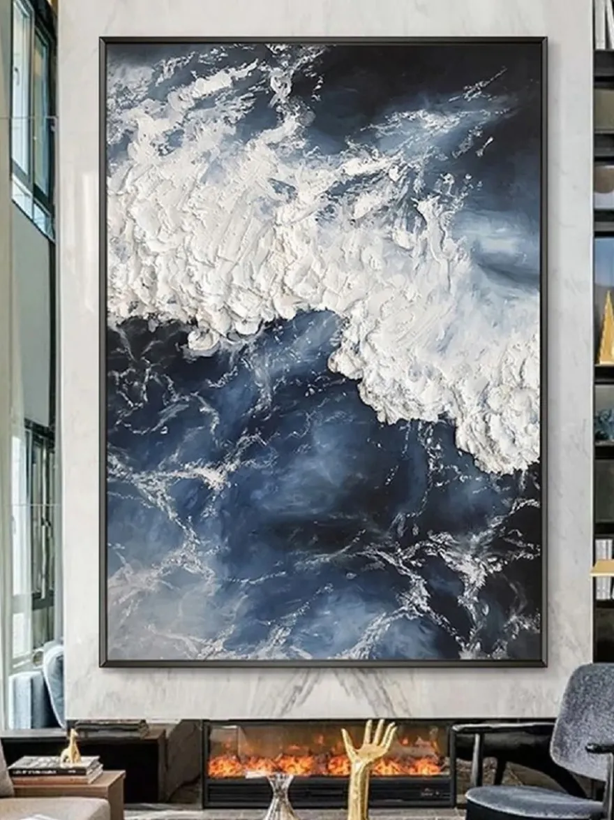 Casa Padrino Luxus Designer Ölgemälde Blau / Weiß / Schwarz 120 x 9 x H. 160 cm - Handgemaltes Gemälde mit Metallrahmen - Luxus Wand Deko - Designer Wand Deko - Deko Accessoires - Luxus Qualität
