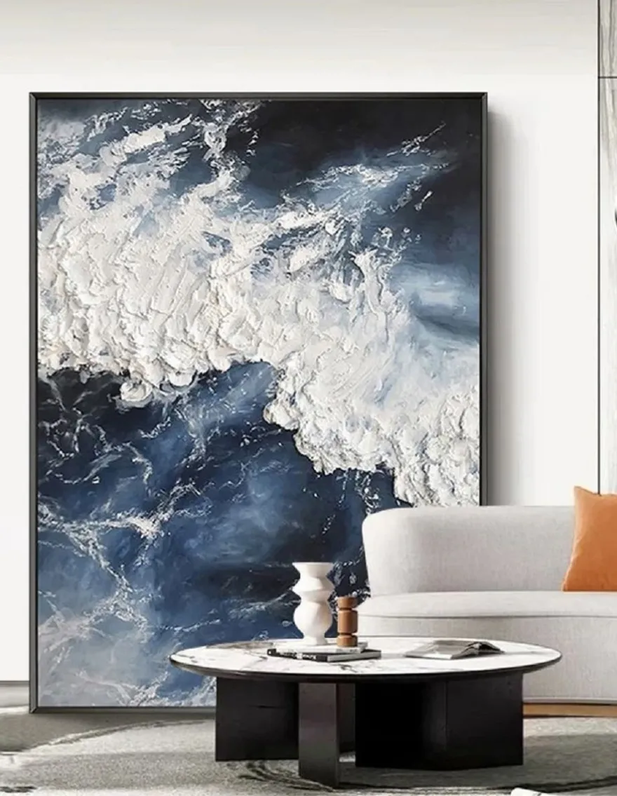 Casa Padrino Luxus Designer Ölgemälde Blau / Weiß / Schwarz 120 x 9 x H. 160 cm - Handgemaltes Gemälde mit Metallrahmen - Luxus Wand Deko - Designer Wand Deko - Deko Accessoires - Luxus Qualität