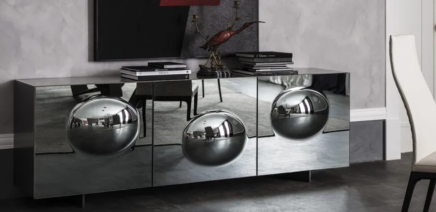 Casa Padrino Luxus Designer Sideboard Graphit Matt 200 x 50 x H. 73 cm - Moderner Massivholz Schrank mit 3 verspiegelten Türen - Luxus Möbel
