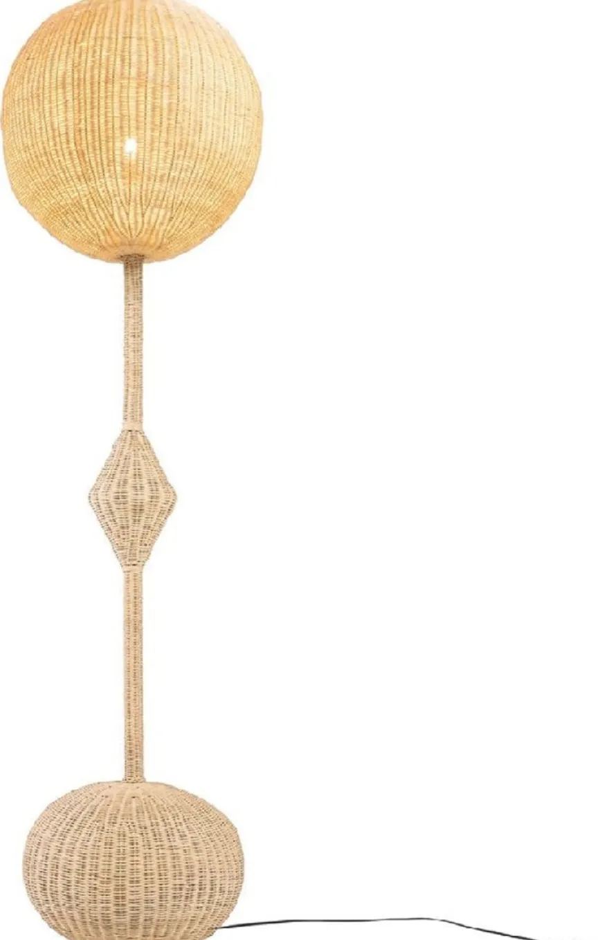 Casa Padrino Luxus Designer Stehleuchte Naturfarben Ø 60 x H. 225 cm - Runde Rattan Stehlampe - Wohnzimmer Stehleuchte - Luxus Leuchten - Luxus Stehleuchten