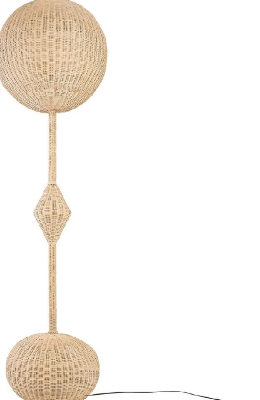 Casa Padrino Luxus Designer Stehleuchte Naturfarben Ø 60 x H. 225 cm - Runde Rattan Stehlampe - Wohnzimmer Stehleuchte - Luxus Leuchten - Luxus Stehleuchten