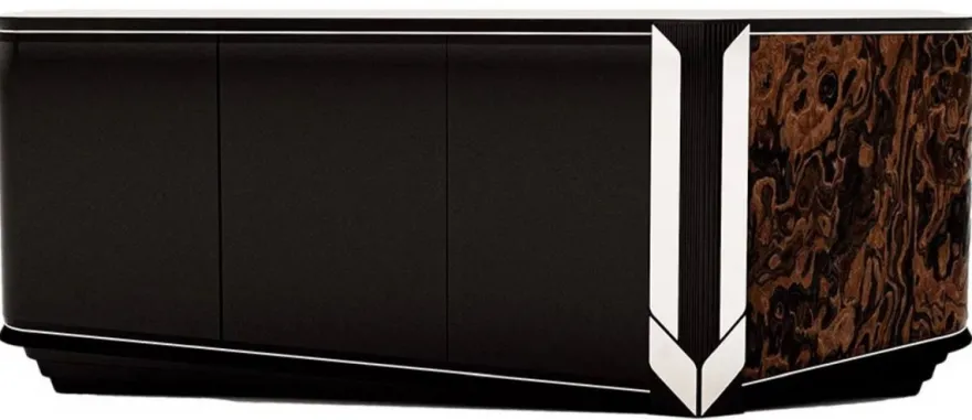 Casa Padrino Luxus Designer Sideboard mit 4 Türen Schwarz / Braun / Silber 230 x 54 x H. 85 cm - Luxus Möbel - Designer Möbel - Esszimmer Möbel - Hotel Möbel - Luxus Qualität