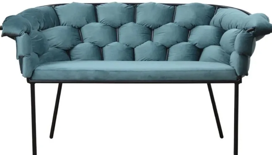 Casa Padrino Luxus Designer Sitzbank Hellblau / Schwarz 134 x 59 x H. 74 cm - Gepolsterte Bank mit Armlehnen & Rückenlehne - Wohnzimmer Möbel - Luxus Möbel - Luxus Einrichtung