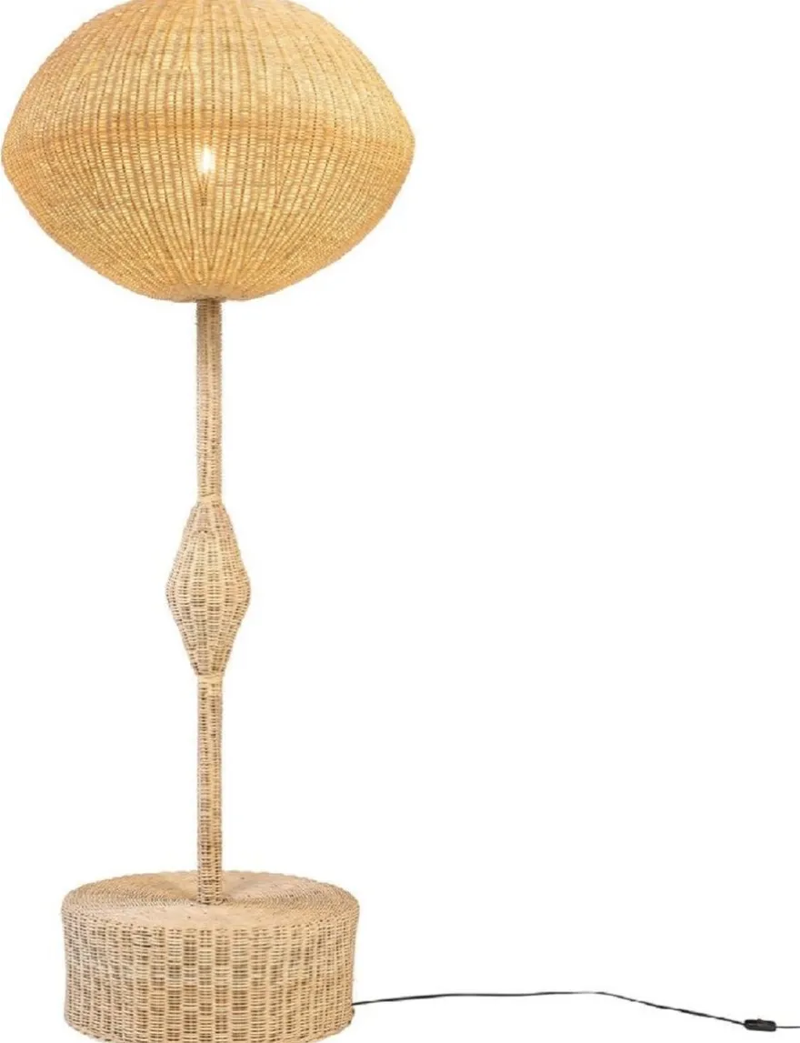 Casa Padrino Luxus Designer Stehleuchte Naturfarben Ø 70 x H. 177 cm - Runde Rattan Stehlampe - Wohnzimmer Stehleuchte - Luxus Leuchten - Luxus Stehleuchten